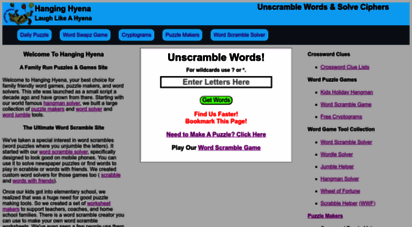 hanginghyena.com - ultimate word scramble site: puzzles, jumble solver, hangman