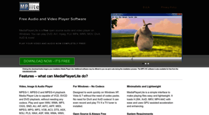 mediaplayerlite.net - free audio and video player software - free audio and video player software - media player litefree audio and video player software - media player lite  mediaplayerlite is a free open source audio and video player on windows. you can play dvd, avi, mpeg, flv, mp4, wmv, mov, divx, xvid & more! play your video and audio now completely free! features - what can mediaplayerlite do? video, image & audio player mpeg-1, mpeg-2 and mpeg-4 playback.